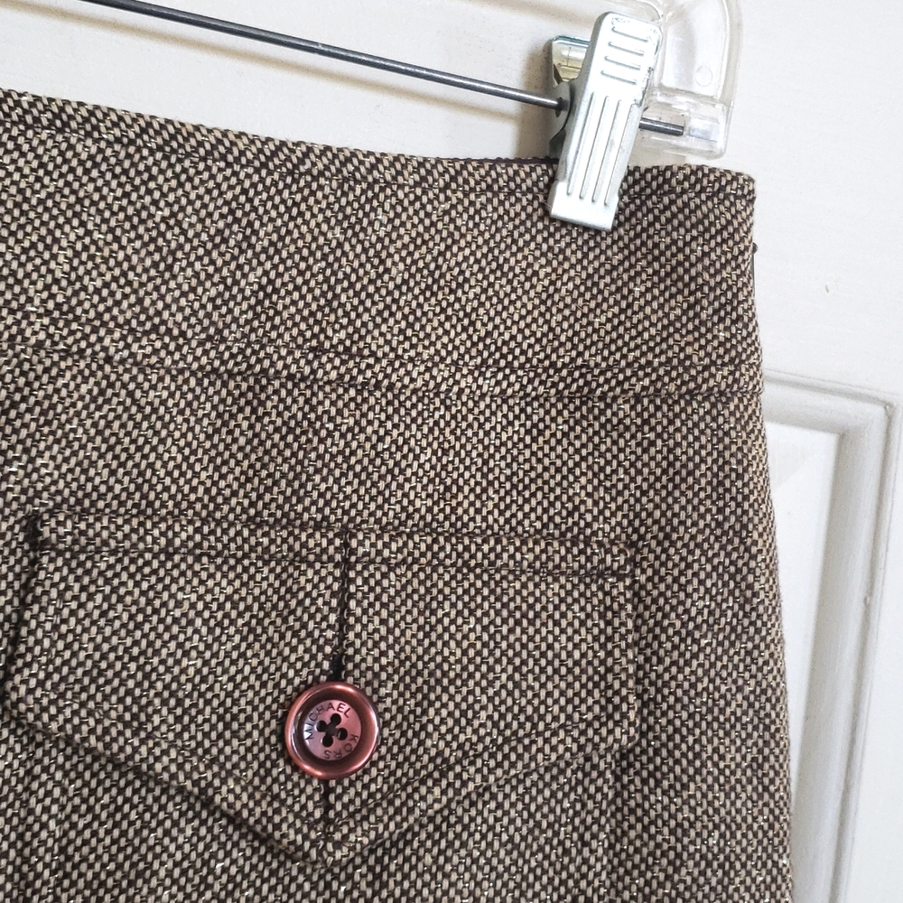 Michael Kors Tweed Wool Skirt Black Tan Gold Shimmer Button Pocket 6 - Picture 4 of 14